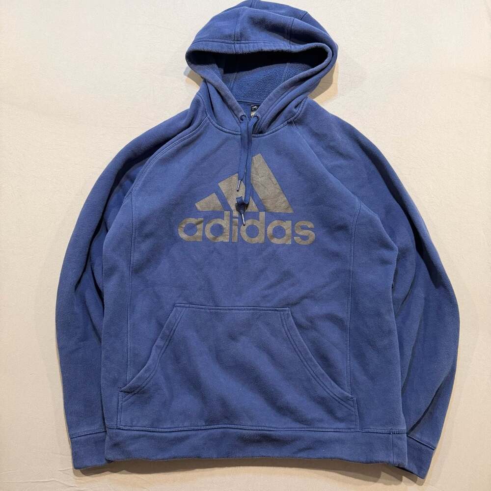 Adidas Mens Blue Fleece Lined Pullover Hoodie with Big Logo - Size M